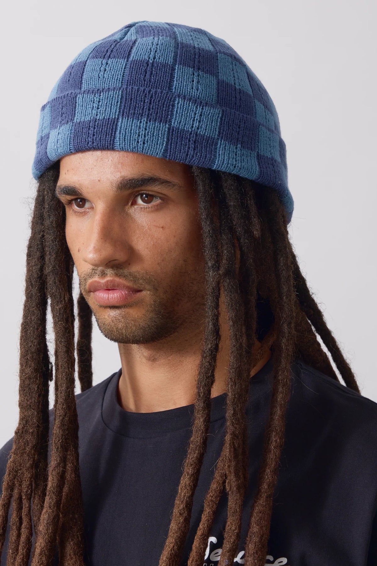 Service Works Chunky Knit Check Beanie Blue
