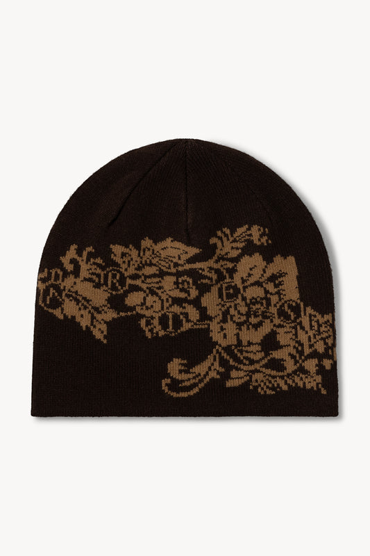 Aries Floral Skull Beanie Brown