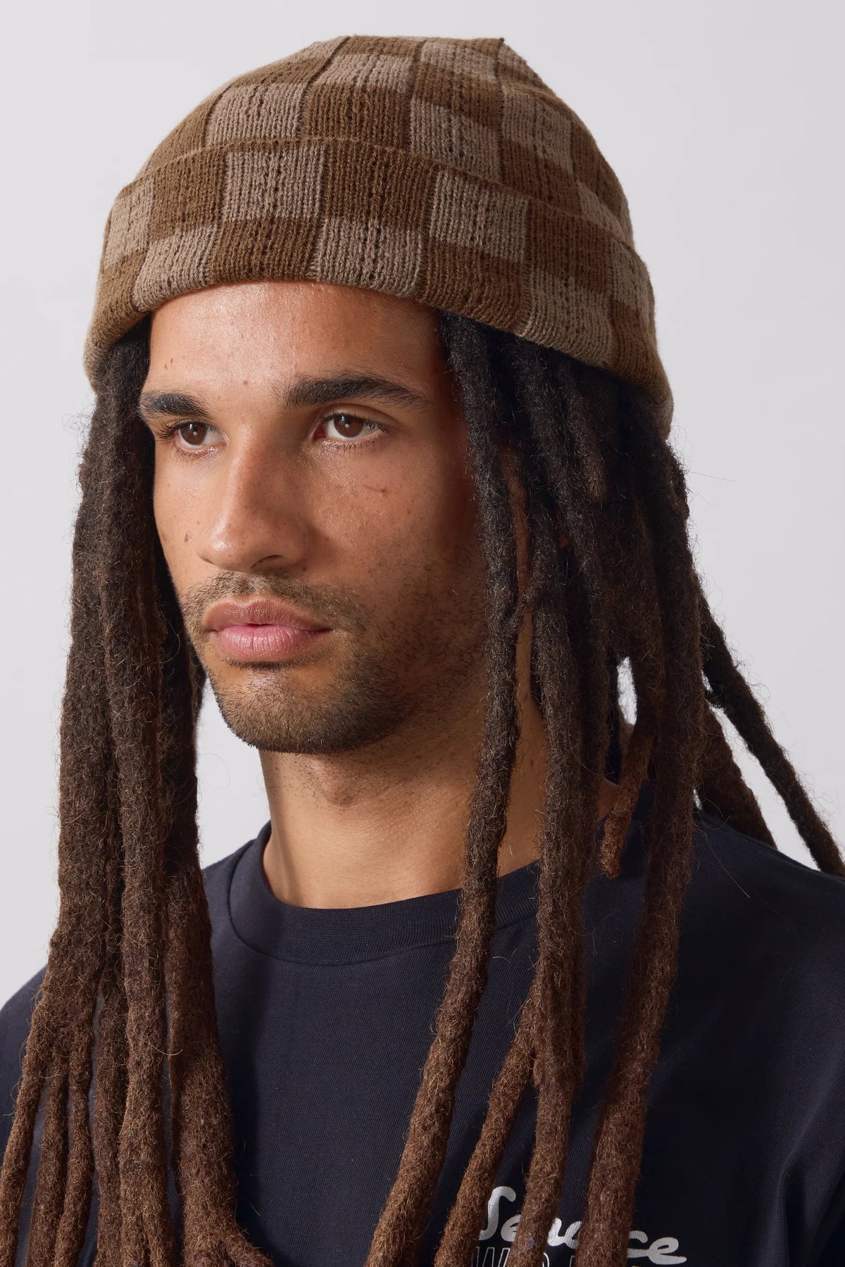 Service Works Chunky Knit Check Beanie Brown